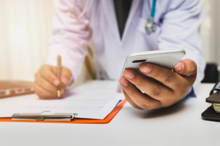 Medic working with modern smart phone , Medical network concept.