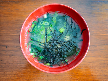 Top view of Japanese miso soup with tofu and nori(seaweed).の写真素材