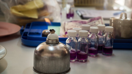 Alcohol burner and  test tube in rack,science laboratory research and development conceptの写真素材