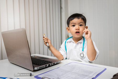 Little boy in medic uniform pointing finger up with successful idea, Careers in children's dreams concept.の写真素材