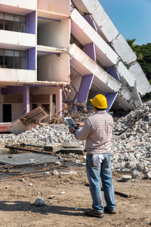 Engineer holding tablet is checking for destruction, demolishing building.の写真素材
