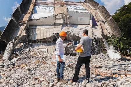 Demolition control supervisor and foreman discussing on demolish building.の写真素材