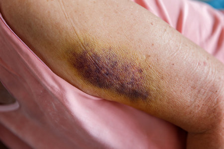 Large dark bruises or hematoma on arm of an elderly person. Painful accident.