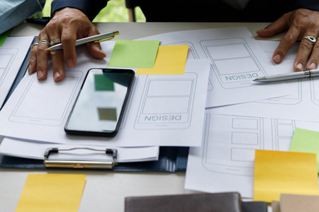 UX or UI designers designing on their smartphone application layout prototype project.の写真素材