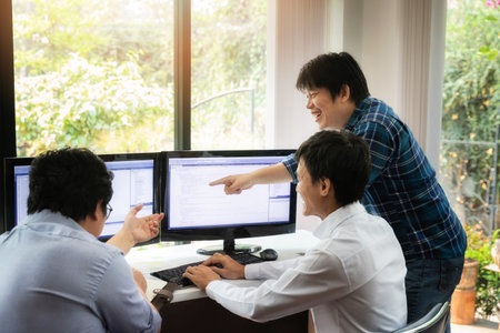 Programmers team working in a software developing. Developing programming and coding technologies. Website design. Cyber space concept.の写真素材
