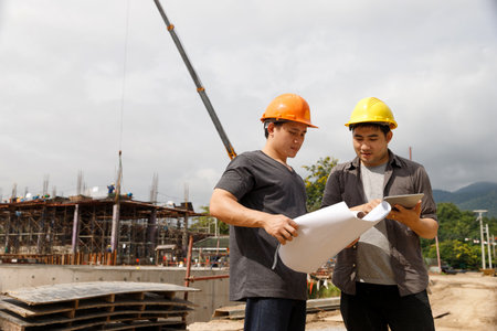 Team of construction workers discussing project details with blueprint in construction site.の写真素材