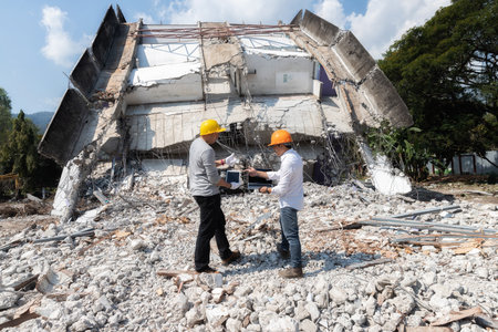 Demolition control supervisor and contractor discussing on demolish building.の写真素材