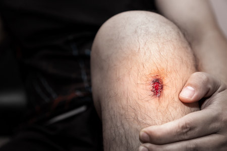 Closeup of fresh wound on man's knee from accident.の写真素材