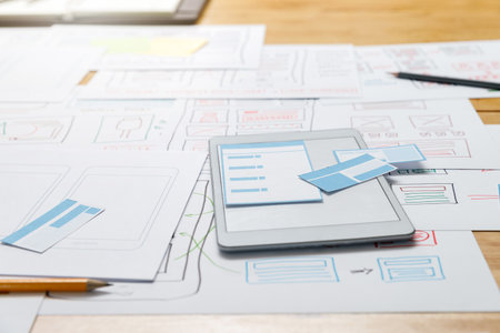 Top view of Creative flat lay UX designer working space and office supplies. Smartphone application...