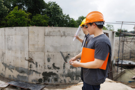 Team of construction workers discussing project details with blueprint in construction site.