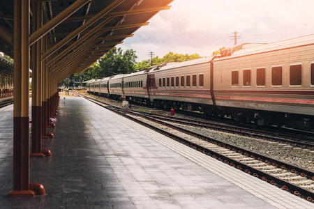 An empty train station platform, vintage train station.の写真素材
