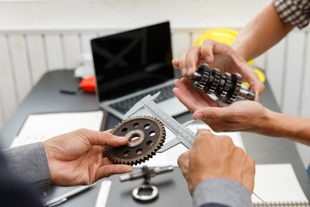 The engineering team is working on their project together. Man work with caliper measure the motor gear, engine part.の写真素材