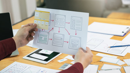 UX or UI designers designing on digital tablet and smartphone application layout prototype project.