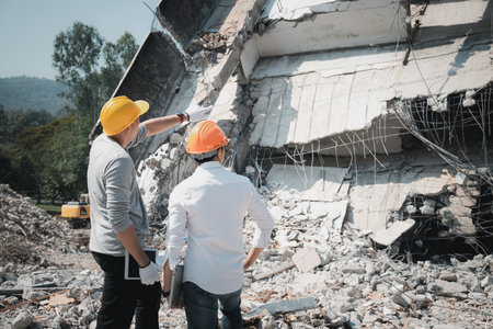 Demolition control supervisor and contractor discussing on demolish building.の写真素材