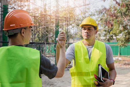 Builders greeting each other with handshake on construction site. construction workers in protective helmets and vests are clasping hands together. Teamwork, partnership, gesture concept.の写真素材