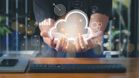 Man accessing the Cloud Computing Technology Internet Storage Network Concept And a large database big data Through internet technology.の写真素材