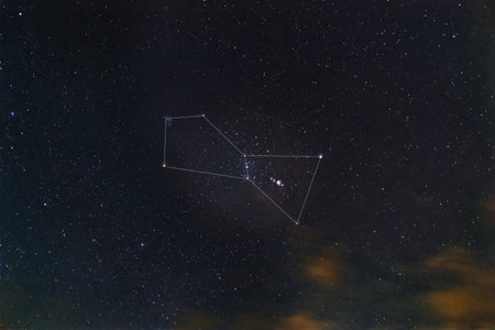 The Orion constellation with line and Nebula M42.の写真素材