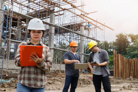Female Construction manager is inspecting work on a construction site with engineer and foremen working or consulting behind her.の写真素材