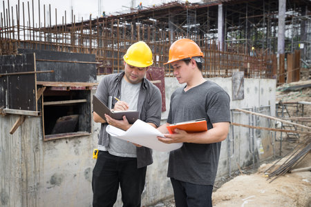 Team of construction workers discussing project details with blueprint in construction site.の写真素材