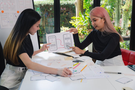 Female ux developer and ui designer brainstorming about mobile app interface wireframe design. App developer team meeting about screen display prototype layout for smartphone, ui, ux concept.の写真素材
