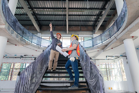 Engineer or Architect discussing with contractor about project on stairs in building construction site.の写真素材