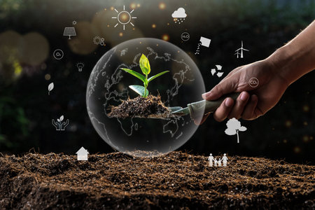 Farmer planting seedling in the middle of the icons. Concept green world earth day. Smart Farming Concept. Ecology and Environment Earth.の写真素材