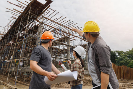 Team of construction workers discussing project details with blueprint in construction site.の写真素材