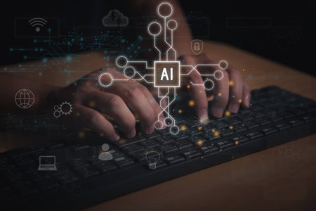 Hands typing on a keyboard with an AI technology interface overlay. Futuristic concept of artificial...