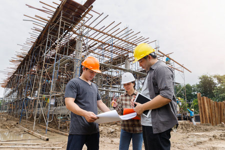 Team of construction workers discussing project details with blueprint in construction site.
