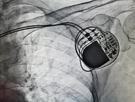 DDDR pacemaker in x-ray image in cardiac catheterization laboratoryの写真素材