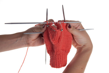 wool glove knitting guidelines on white background