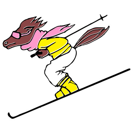 Skiing Horse Cartoon Character Over Winter Landscape. Vector Illustrationのイラスト素材