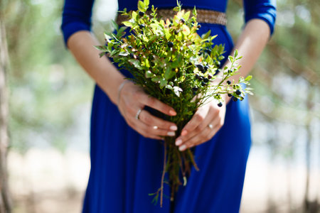 Blue bouquet in hands of the girl in a blue long dress. Blueberries in the hands close up natural food.の写真素材