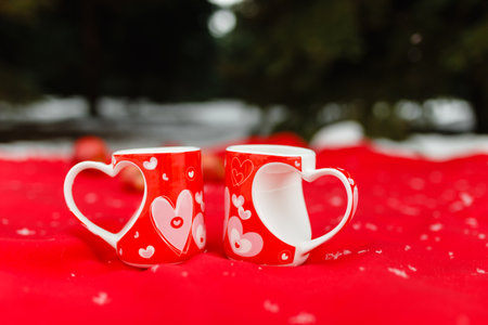 happy family mother and child daughter on a winter walk outdoors drinking teaの写真素材