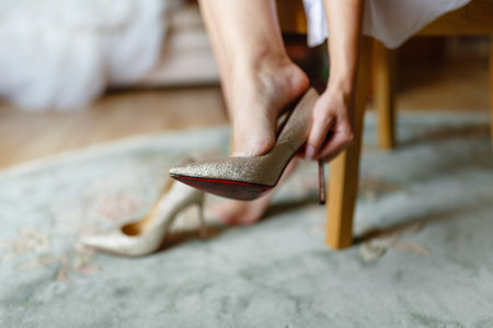 The girl tries on beautiful expensive high-heeled shoes in the bedroom or hotel. Bride's feet in wedding shoes, close-up, closed.の写真素材