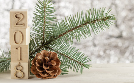 Christmas card, cubes cones and Christmas tree branch. Place for Your text greeting.の写真素材