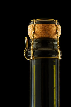 A bottle of sparkling wine. Black background. Macro. Place for text.の写真素材