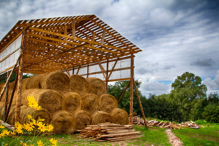 Countryside, hay for the winter. Barn with hay, sale price.の写真素材