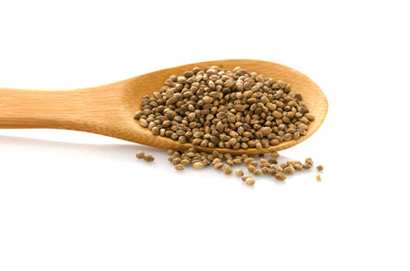 Hemp seed. Wooden spoon with hemp. Food additive. Isolated on white background. Cannabis.の写真素材