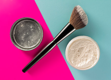 Powder mineral transparent crumbly. Makeup. Facial. Cosmetic. Space for text.