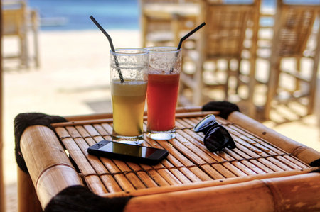 An exotic drink on the beach. Tonic dessert from the beach bar.の写真素材