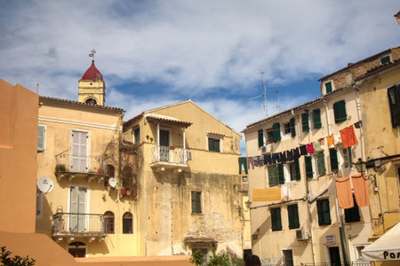 The island of Corfu. Streets of the city of Kerkyra, Ancient architecture. Summer landscape.のeditorial素材