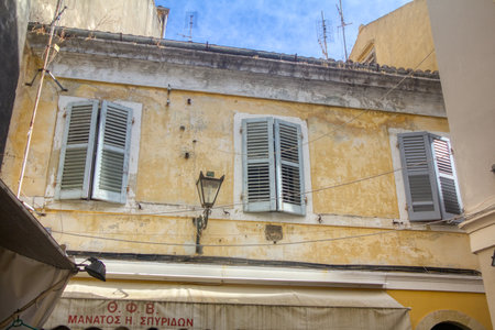 The island of Corfu. Streets of the city of Kerkyra, Ancient architecture. Summer landscape.のeditorial素材