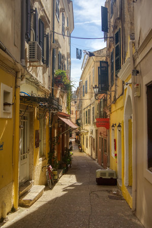 The island of Corfu. Streets of the city of Kerkyra, Ancient architecture. Summer landscape.のeditorial素材