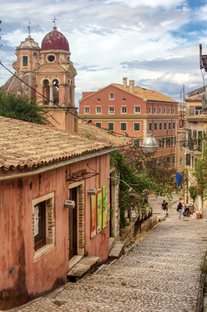 The island of Corfu. Streets of the city of Kerkyra, Ancient architecture. Summer landscape.のeditorial素材