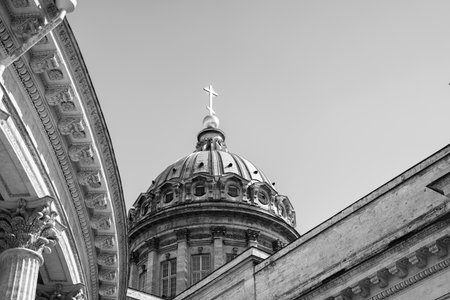 Kazan Cathedral, selected elements. Black And White Photo. Historical monument, an active Orthodox church in the center of St. Petersburg, Russia. 29.05.2021 pm 14.00のeditorial素材