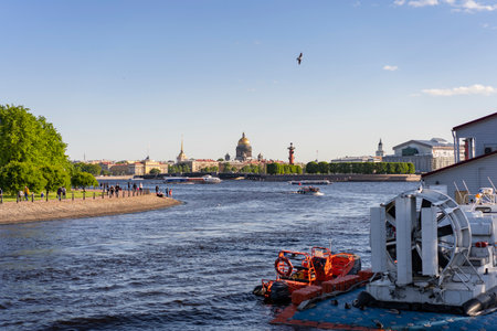 Hovercraft "Khivus-20" for conducting rescue operations on the water. Kronverkskaya embankment. Russia Saint Petersburg 29.05.2021. pm 16.10のeditorial素材
