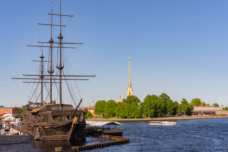 The Flying Dutchman restaurant. Frigate decoration of the city. Attraction on the Mytninskaya Embankment. Russia Saint Petersburg 29.05.2021 pm 19.00のeditorial素材