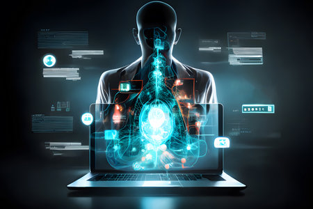 3d rendering of man with laptop and medical icons on dark backgroundの素材