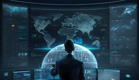 Back view of businessman looking at virtual panel with graphs and diagrams on dark backgroundの素材
